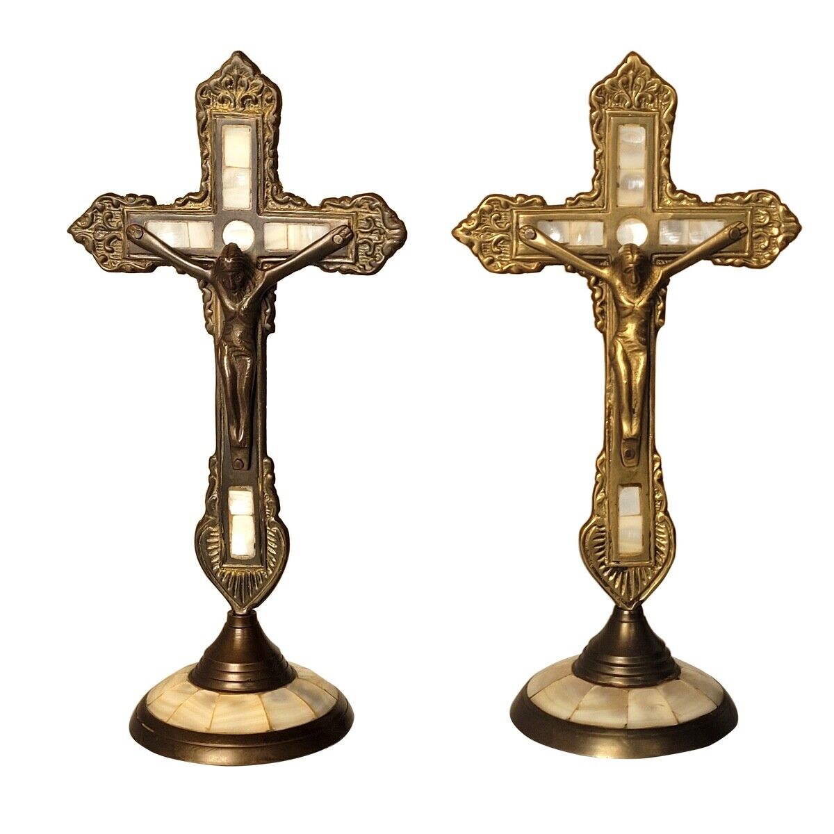 2PCS Antique Hand Made Crucifixion of Christ Brass Cross w/Mother of Pearl Inlay