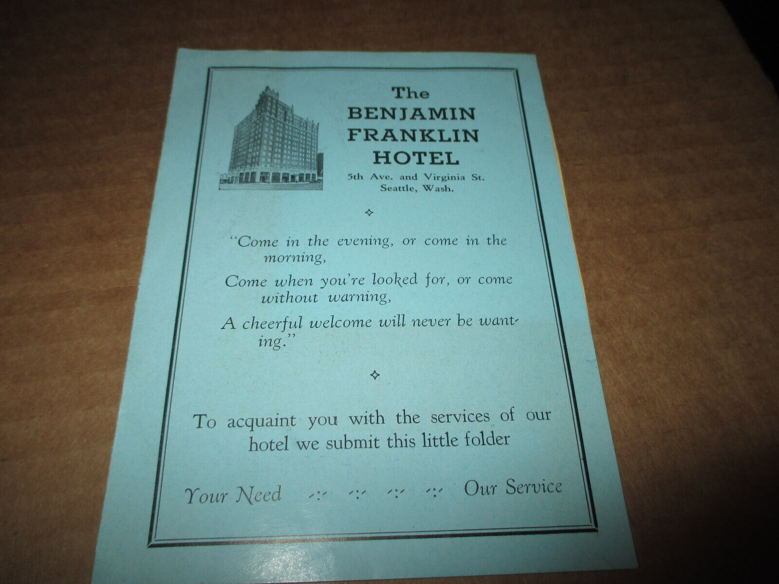 1934 Benjamin Franklin Hotel Informational Paper