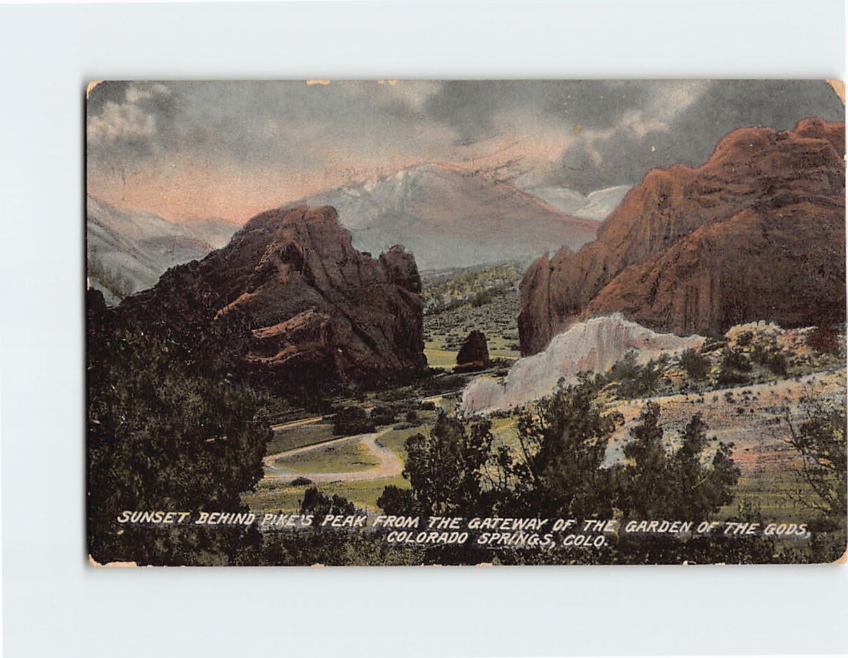Postcard Sunset Behind Pike's Peak from the Gateway of the Garden of the Gods CO