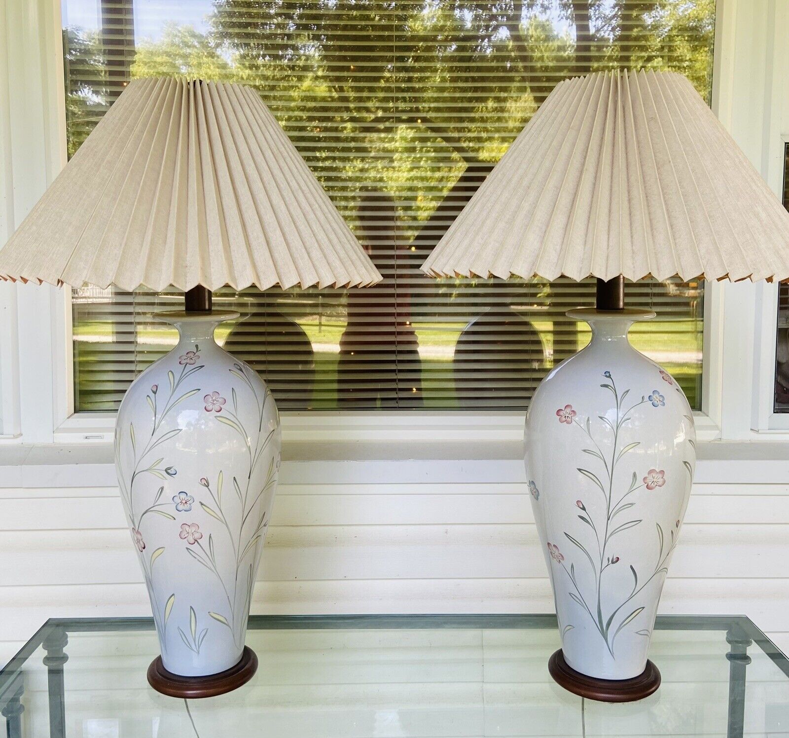 Vintage 1987 “Casual Lamps” Stoneware JUMBO 3’ Statement Pastel Flowers Wood