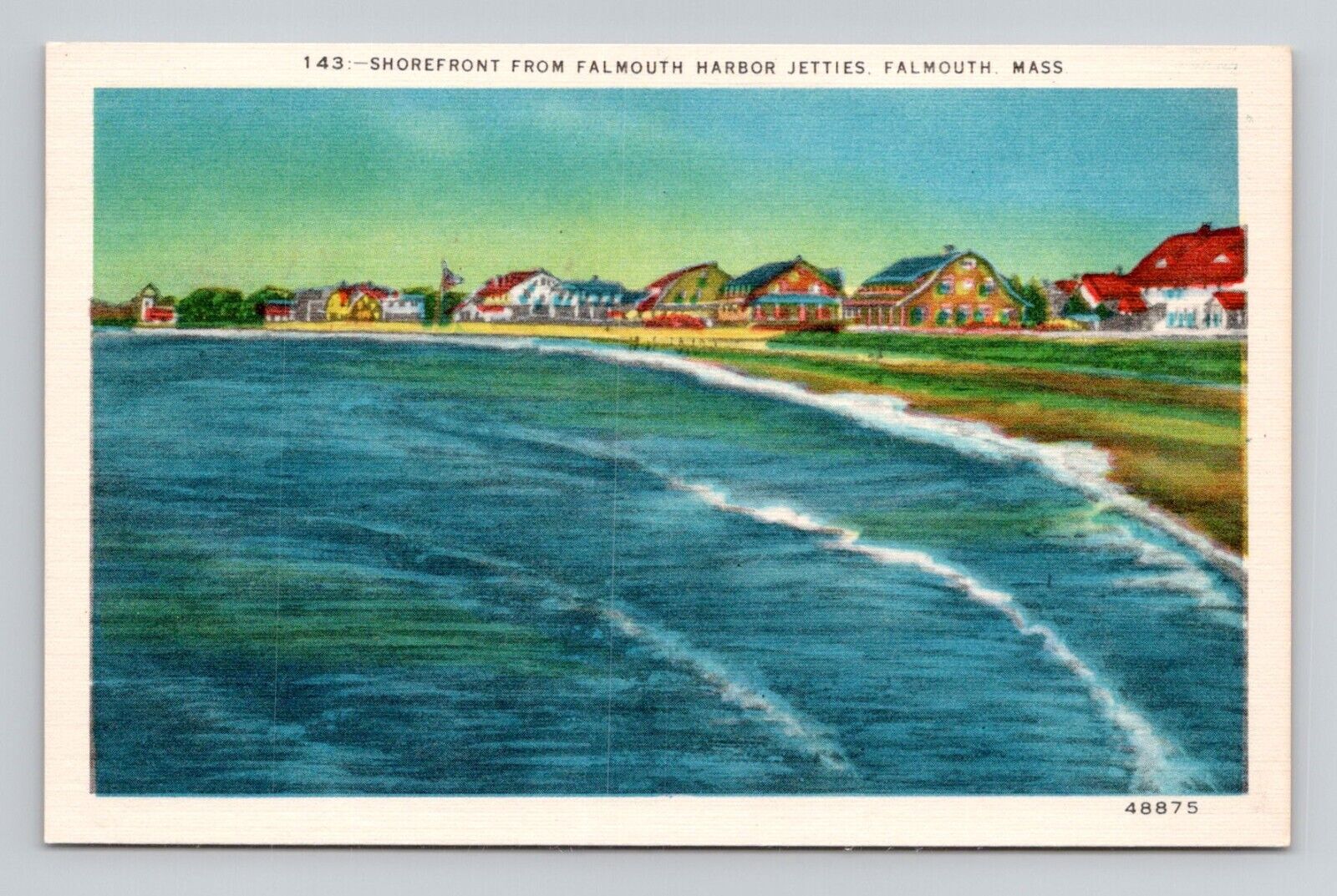 Postcard Falmouth Harbor Jetties Cape Cod Massachusetts Vintage Linen J20