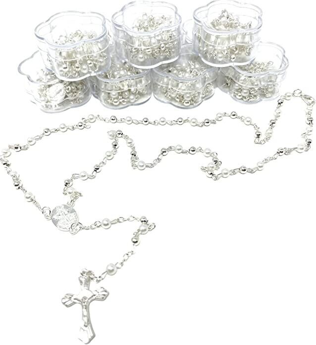 12 x Wholesale Bulk white & silverFaux Pearl Rosaries for Baptism, Wedding
