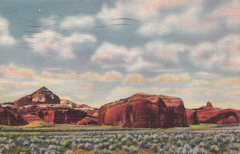  Postcard No 1 Pyramid Red Rocks + Navajo CHurch Near Gallup NM 1938