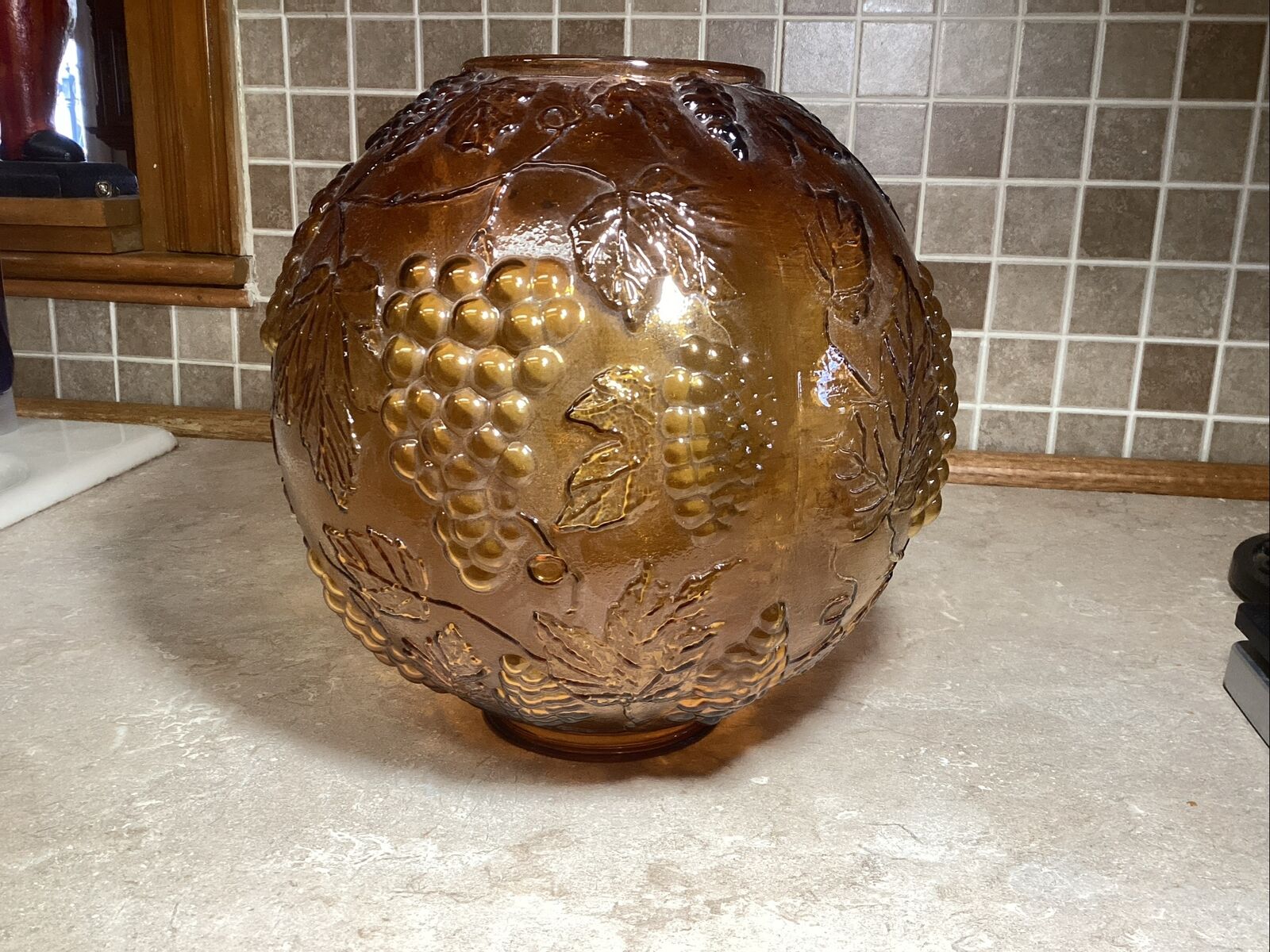 Vintage Mid Century Amber Glass Globe Grape Pattern  4” Fitter Base-10” Tall