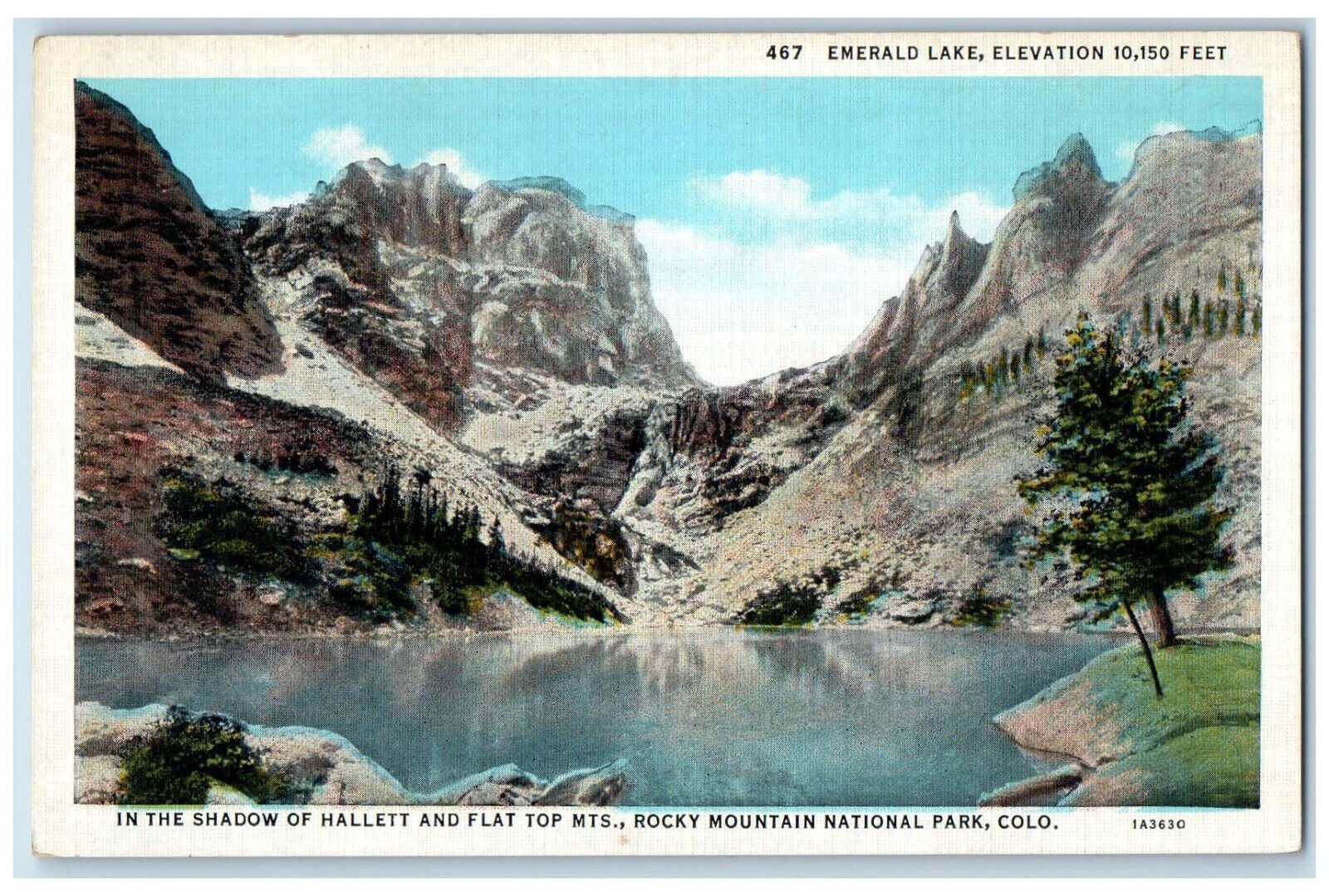 c1920\'s Emerald Lake, Hallet and Flat Top Mts. Rocky Mountain CO Postcard