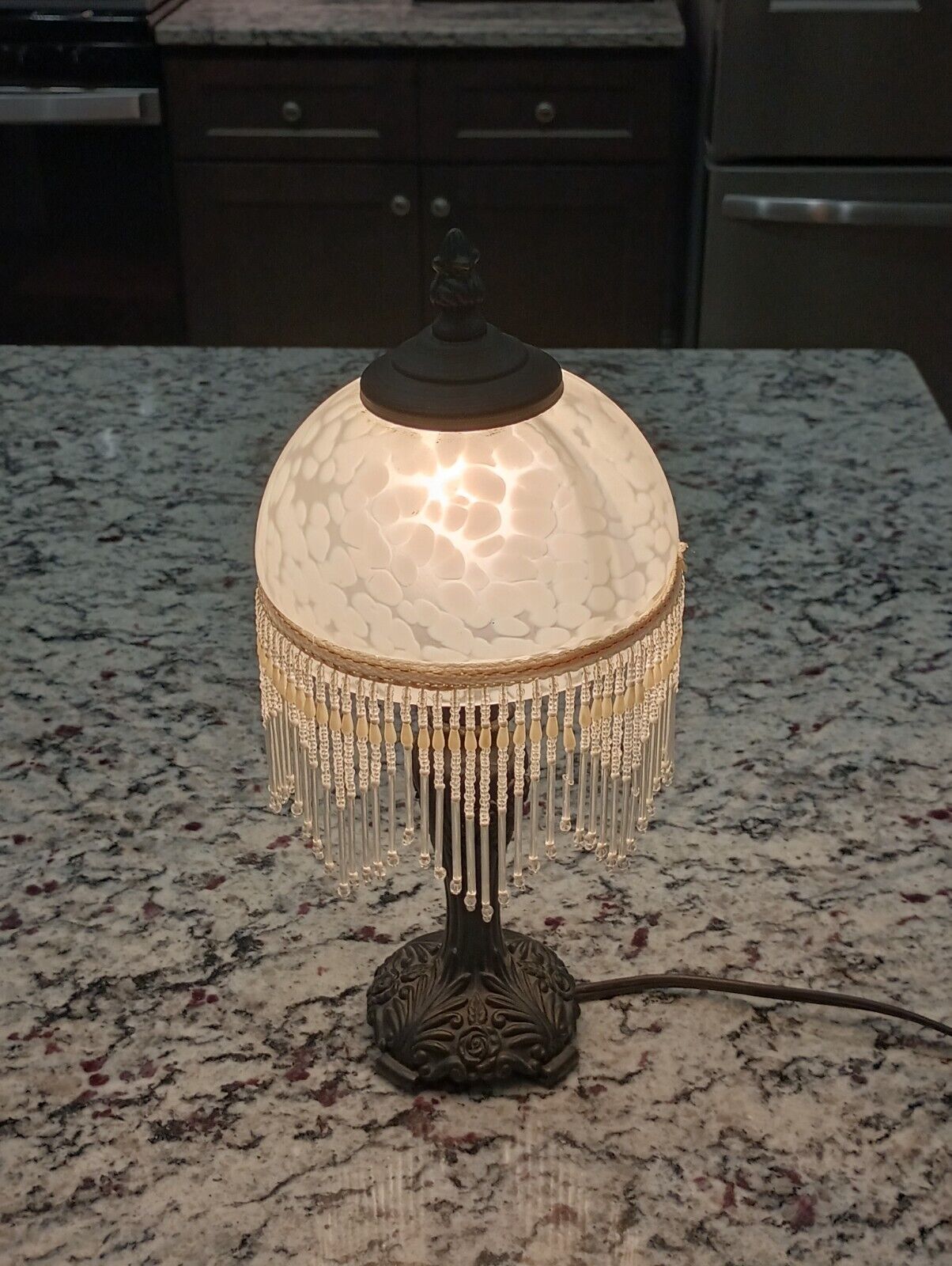Vintage Victorian Frosted Glass Beaded Dome Bedroom Home Decor Table Lamp 13 in.