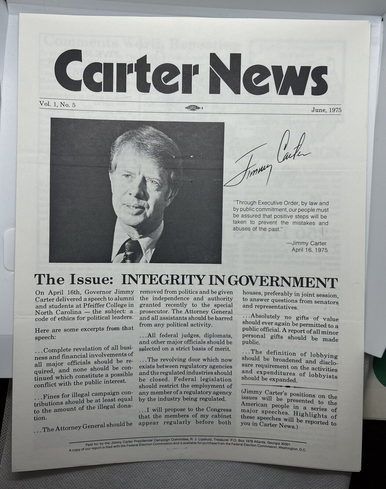 Jimmy Carter Signed 1976 Presidential Campaign Newsletter RARE POTUS Autographed