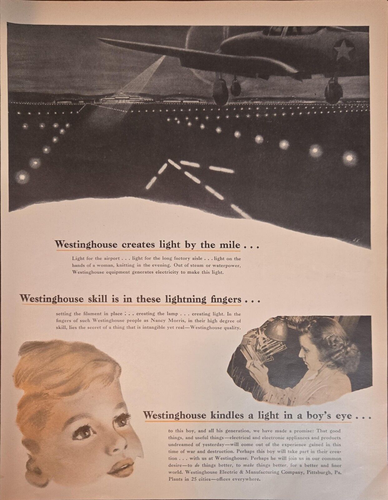 1943 Westinghouse Ad War Time Light Theme Airport + Bulb Construction + Dreams