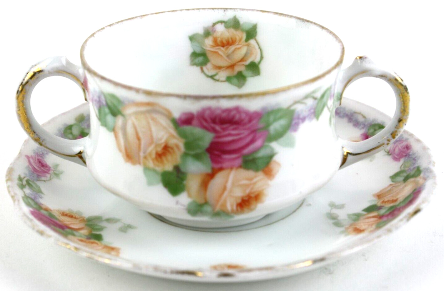Antique Pink Rose Double Handled Teacup Saucer Floral Coffee Cup Thomas Bavaria