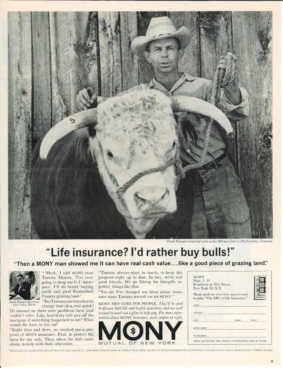 1963 MONY Mutual of New York Life Insurance Farmer Bull Vintage Print Ad
