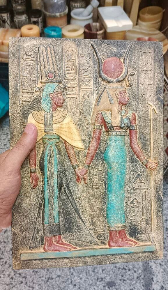 Ancient Egyptian Hand Carved 3D Heavy Plaque of Goddess Isis and Queen Nefertari