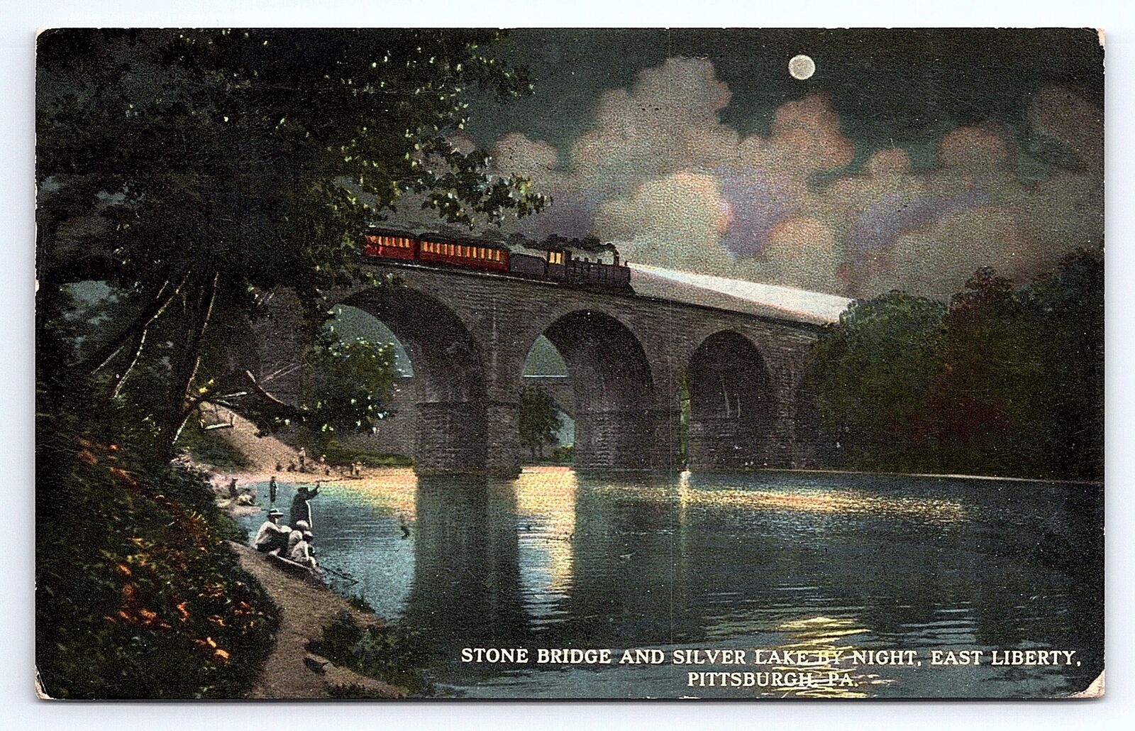 Postcard Train On Stone Bridge Over Silver Lake East Liberty Pennsylvania c.1915