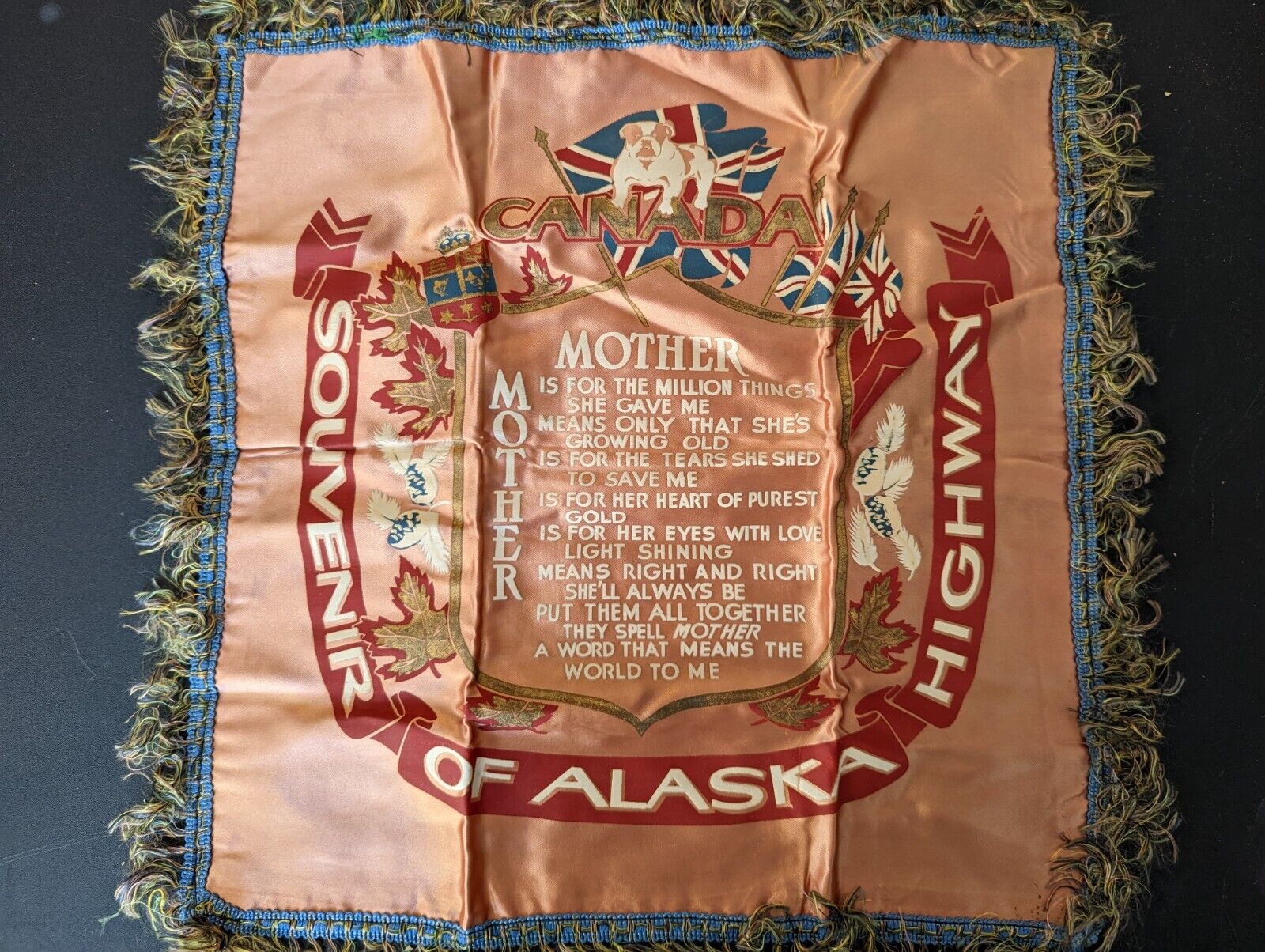Souvenir of  Canada Alaska Highway Satin Pillow Cover Mother Poem w Bulldog