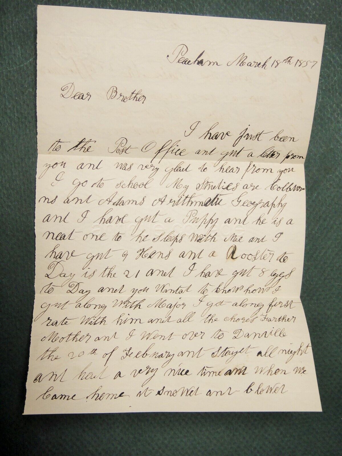 1857 antique HANDWRITTEN LETTER young brother SCHUYLER CHOATE peacham vt to CHAS