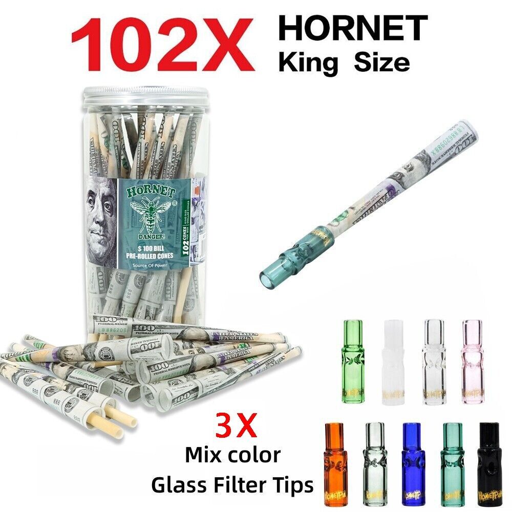 HORNET $100 Dollar King Size Pre Rolled Cones+3X Reusable Round Glass Filter Tip