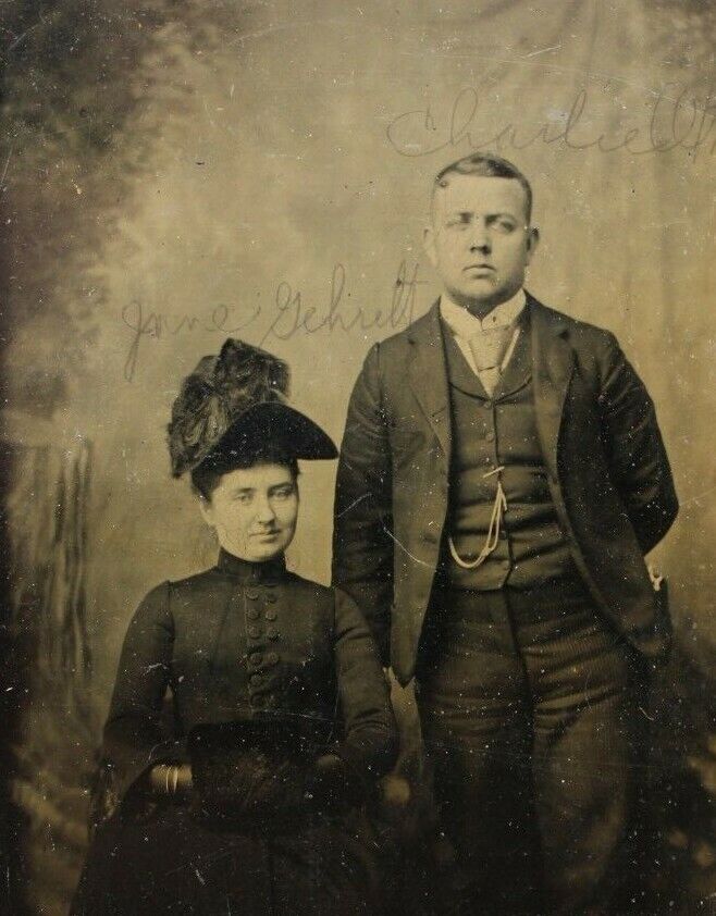 C.1880s Tintype. Named ID Jane Gehrelt. Woman In 3 Story Hat. Man Suit & Tie.