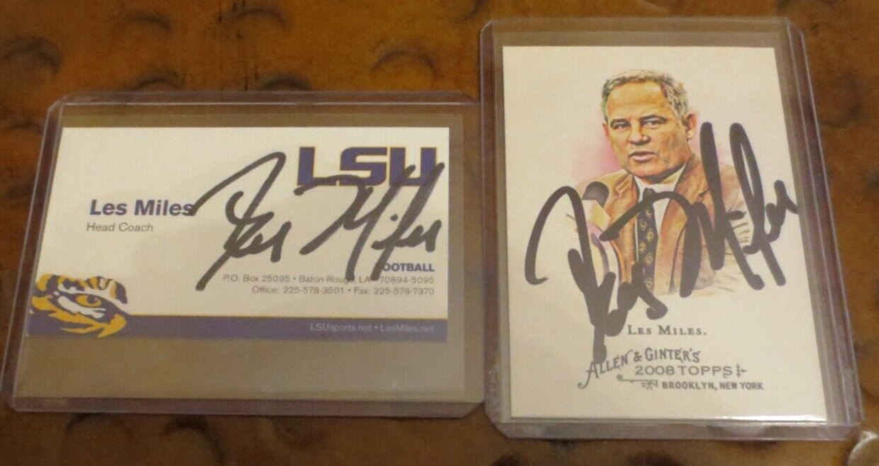 Lot of 2 Les Miles signed autographed cards Head Coach LSU Louisina State SEC