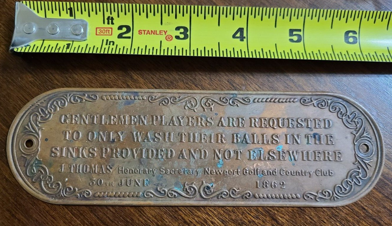 1862 Date Approx 6 Inch Copper Sign About Gentlemen Ball Washing Golf Club Repro