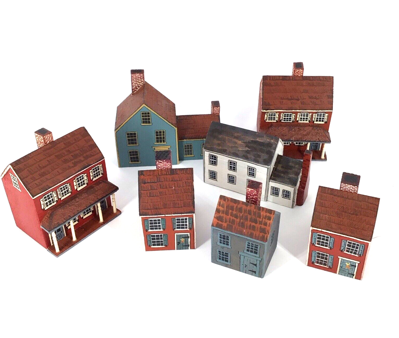 Vtg Folk Art Wooden Block Village Colonial Houses “In my Fathers House”