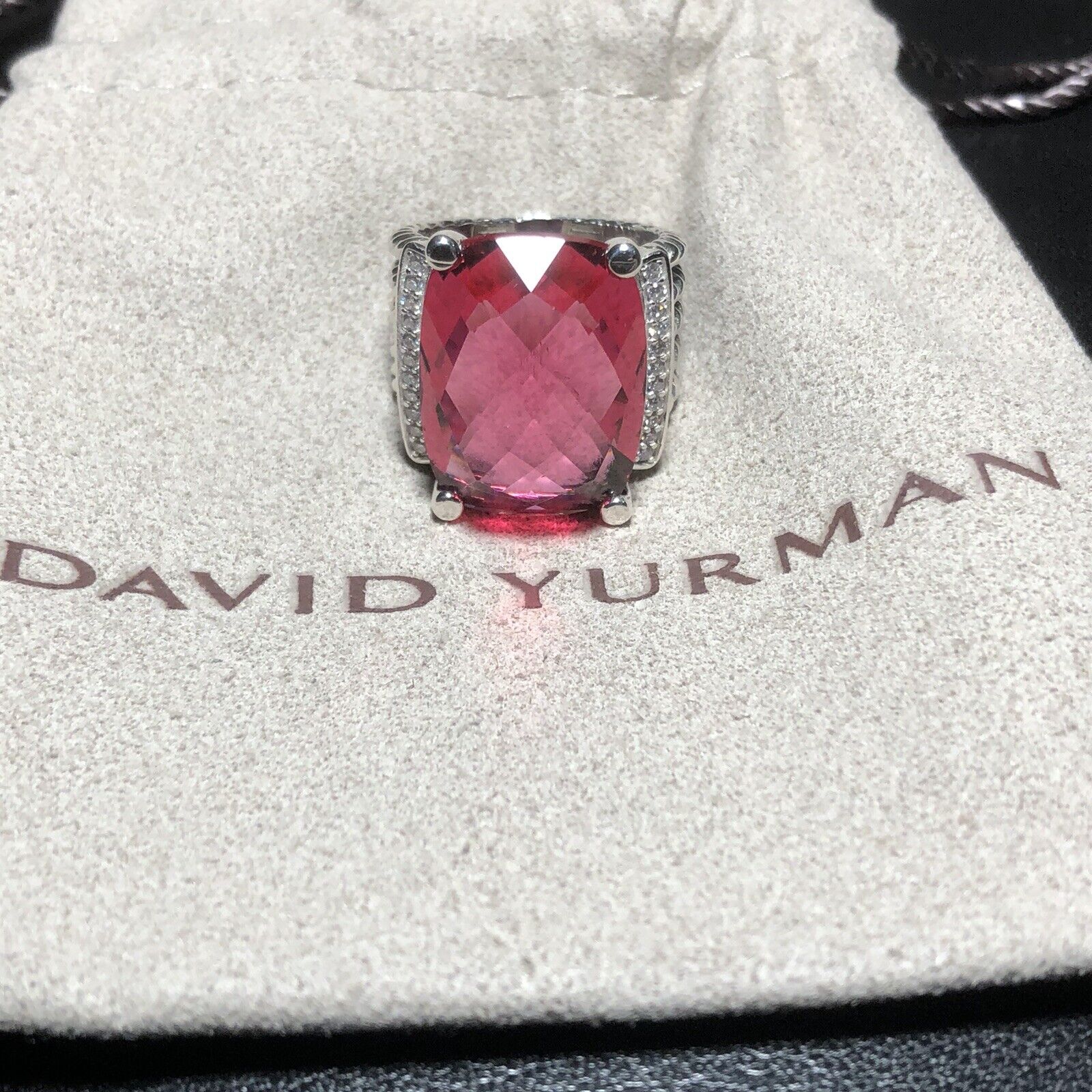 David Yurman Sterling Silver 20x15mm Wheaton Pink Tourmaline & Diamonds Ring S 6