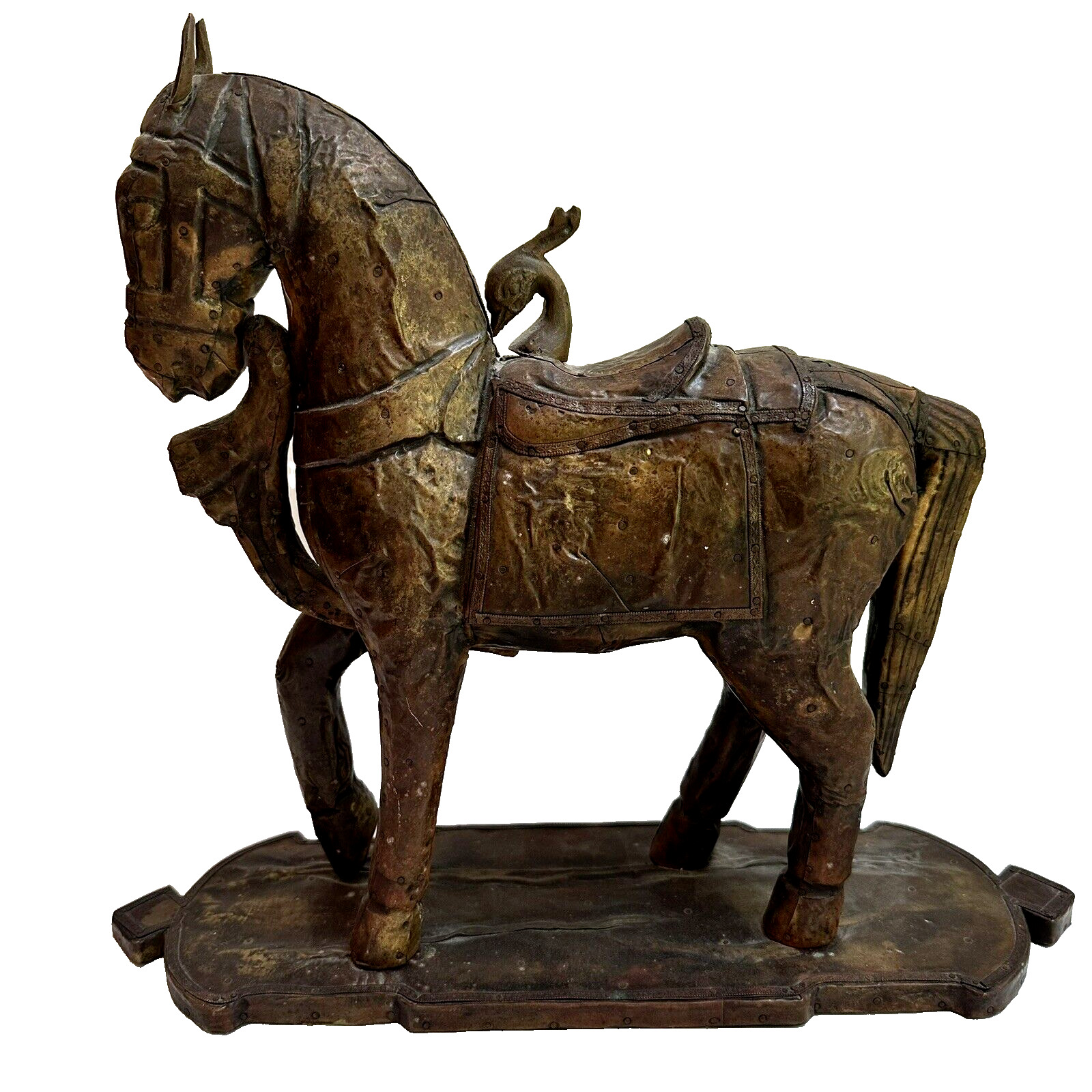 War Horse Statue Ornate Metal Covered Wood Hammered Tooled Vtg Marwari 12.5 Inch
