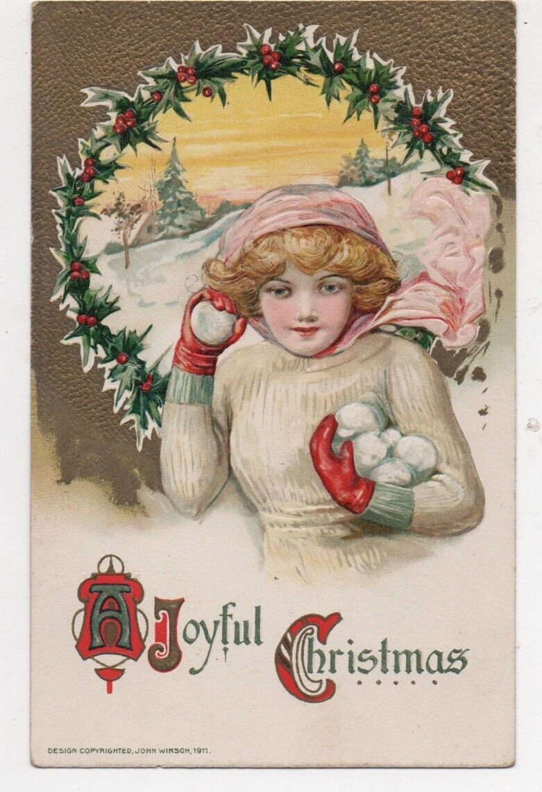 1911 John Winsch Christmas Postcard of Woman throwing Snowballs
