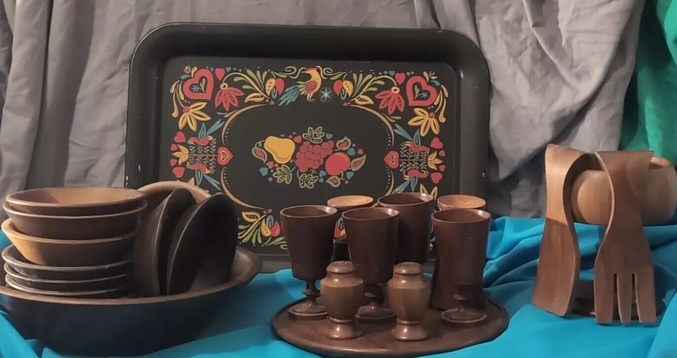 Vintage Black Ornate Metal Tray And Walnut Dish Set 