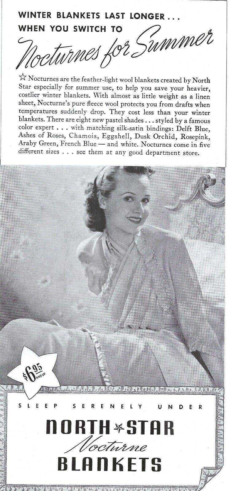 1938 North Star Nocturne Blankets Sleep Serenely Housewife Original Print Ad