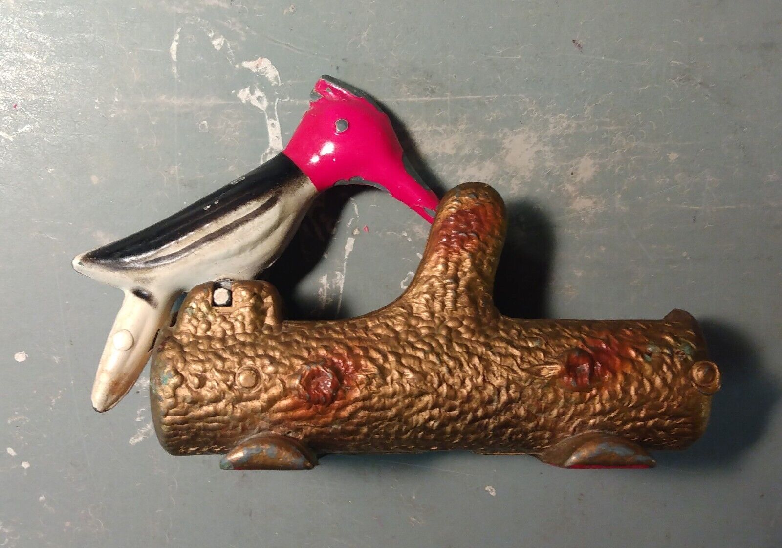 Vintage Red Headed Woodpecker Metal Toothpick Holder / Dispenser Original Paint
