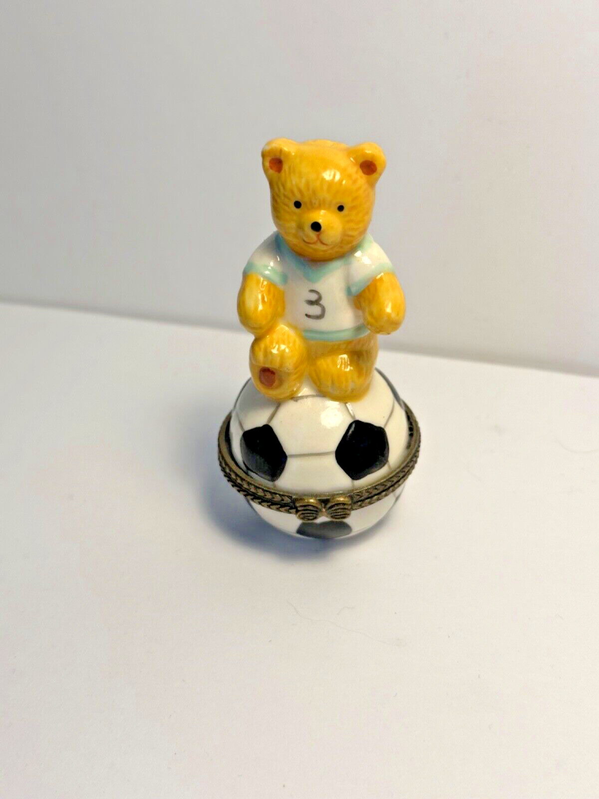 VINTAGE PORCELAIN SOCCER BALL WITH BEAR SMALL HINGED TRINKET/PILL BOX GLOSSY