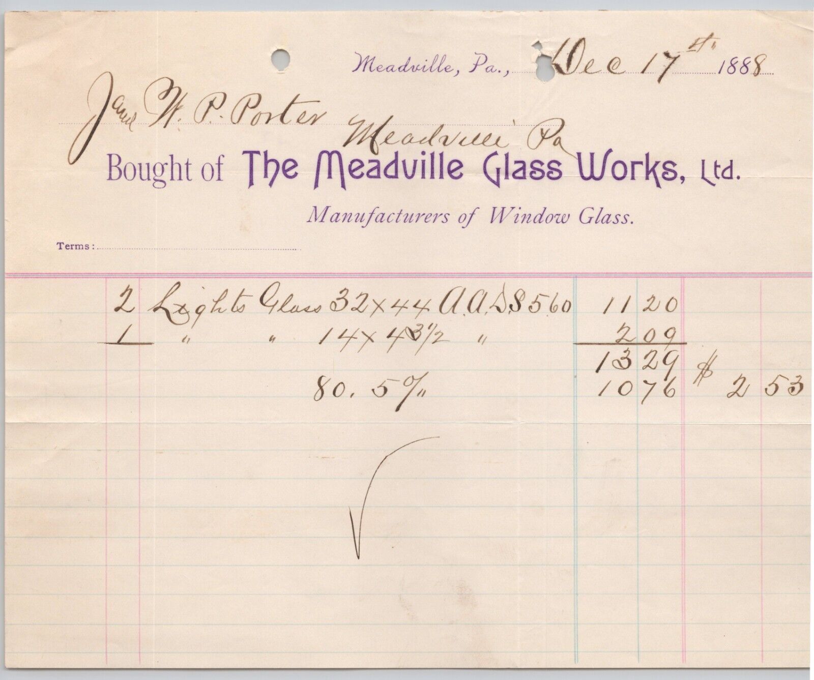 Meadville Glass Works Ltd. Meadville PA Window Glass Mfg. Billhead 1888 BH2-112