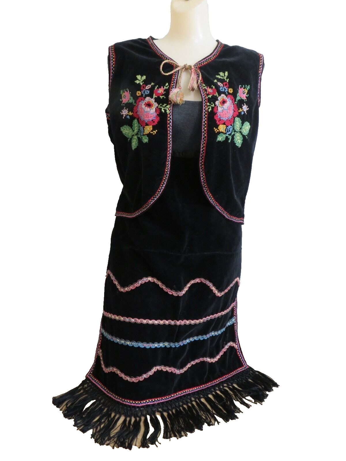 Vintage European Black Velvet Embroidered Folk Vest & Long Fringed Apron Size M