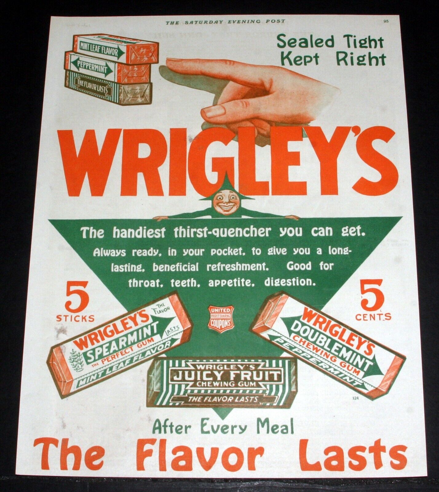 1919 OLD MAGAZINE PRINT AD, WRIGLEY\'S GUM AFTER EVERY MEAL, THE FLAVOR LASTS