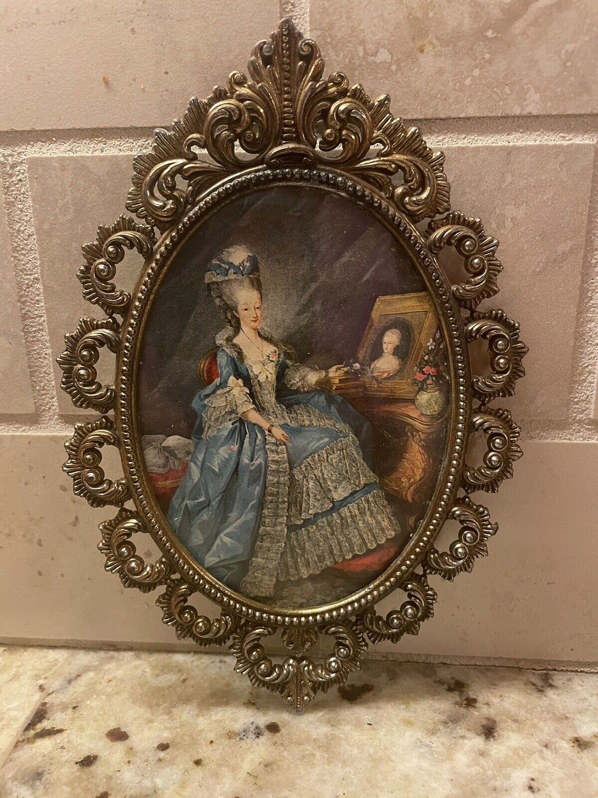 Vintage Ornate Italian Oval Frame Brass Filigree With Victorian Woman