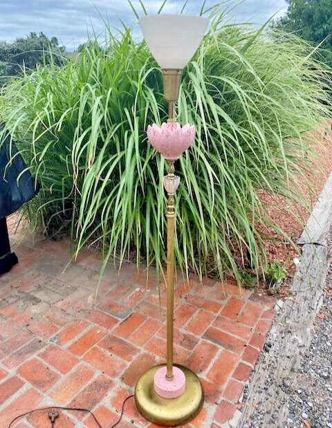 Mid Century Modern Brass Floor Lamp Pink Gold Tulip Milk Glass Torch shade works