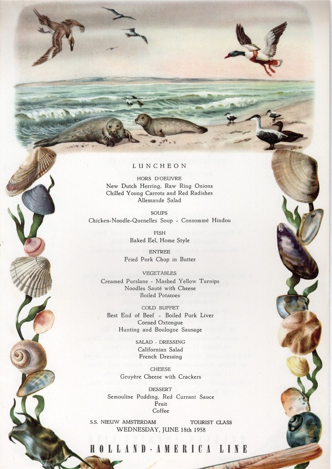 1958 SS Statendam Holland America Lines May 18th Luncheon Menu