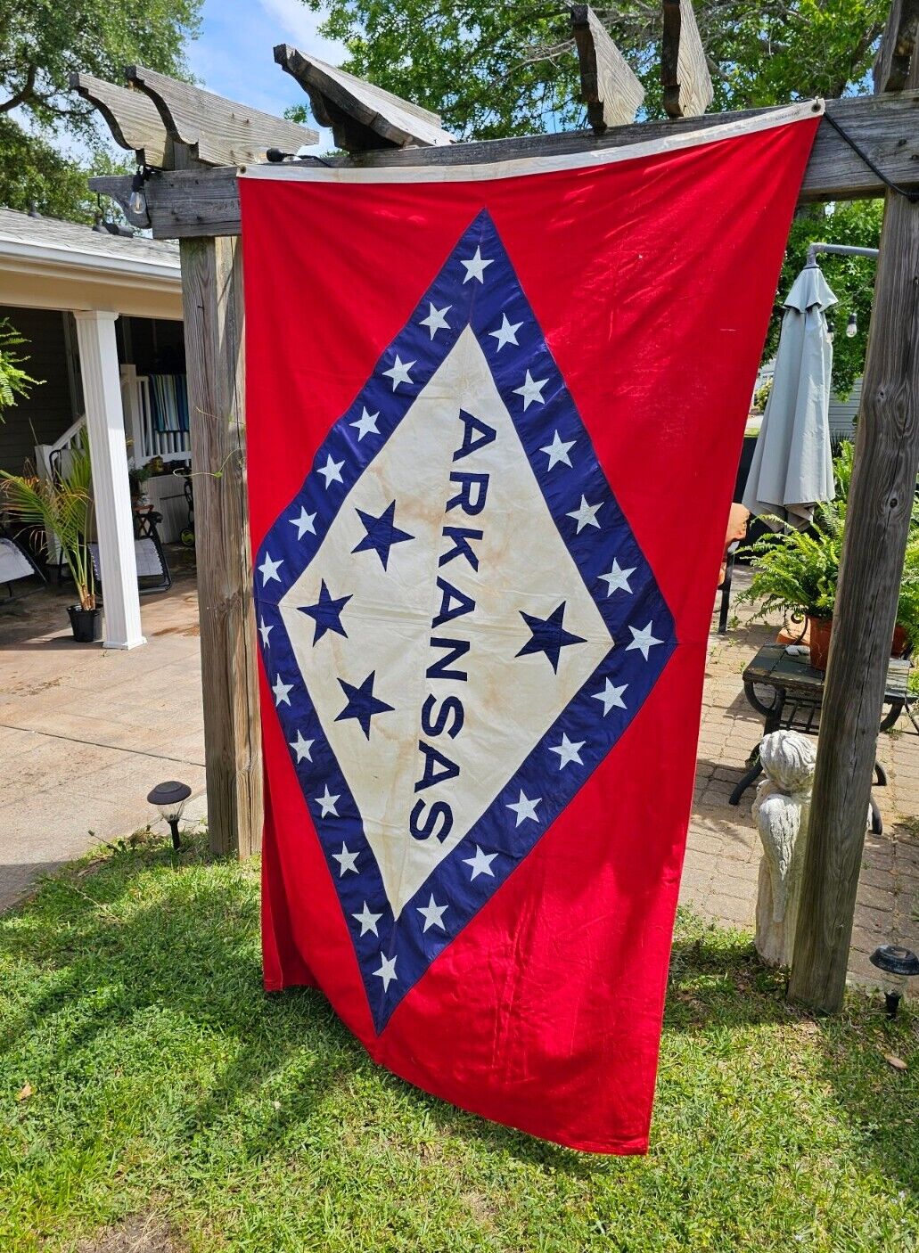 HUGE Vintage 8\' x 5\' WWII Era 1940\'s 4 Star Sewn Cotton Arkansas State Flag USA