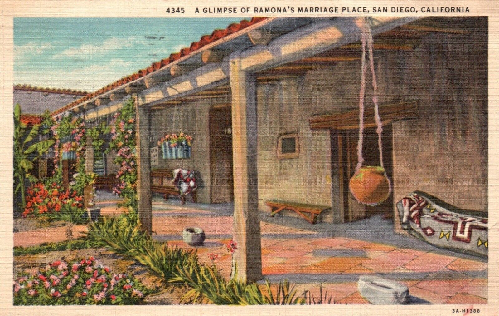 Postcard CA San Diego Glimpse of Ramonas Marriage Place 1937 Linen PC a9456