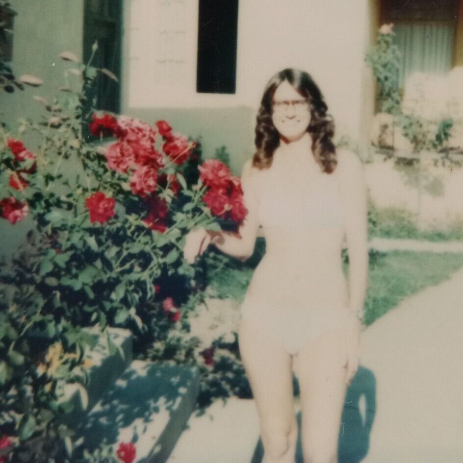 Vintage Polaroid Photo Cute Lady Bikini Posing Pretty Flowers Found Art Snapshot