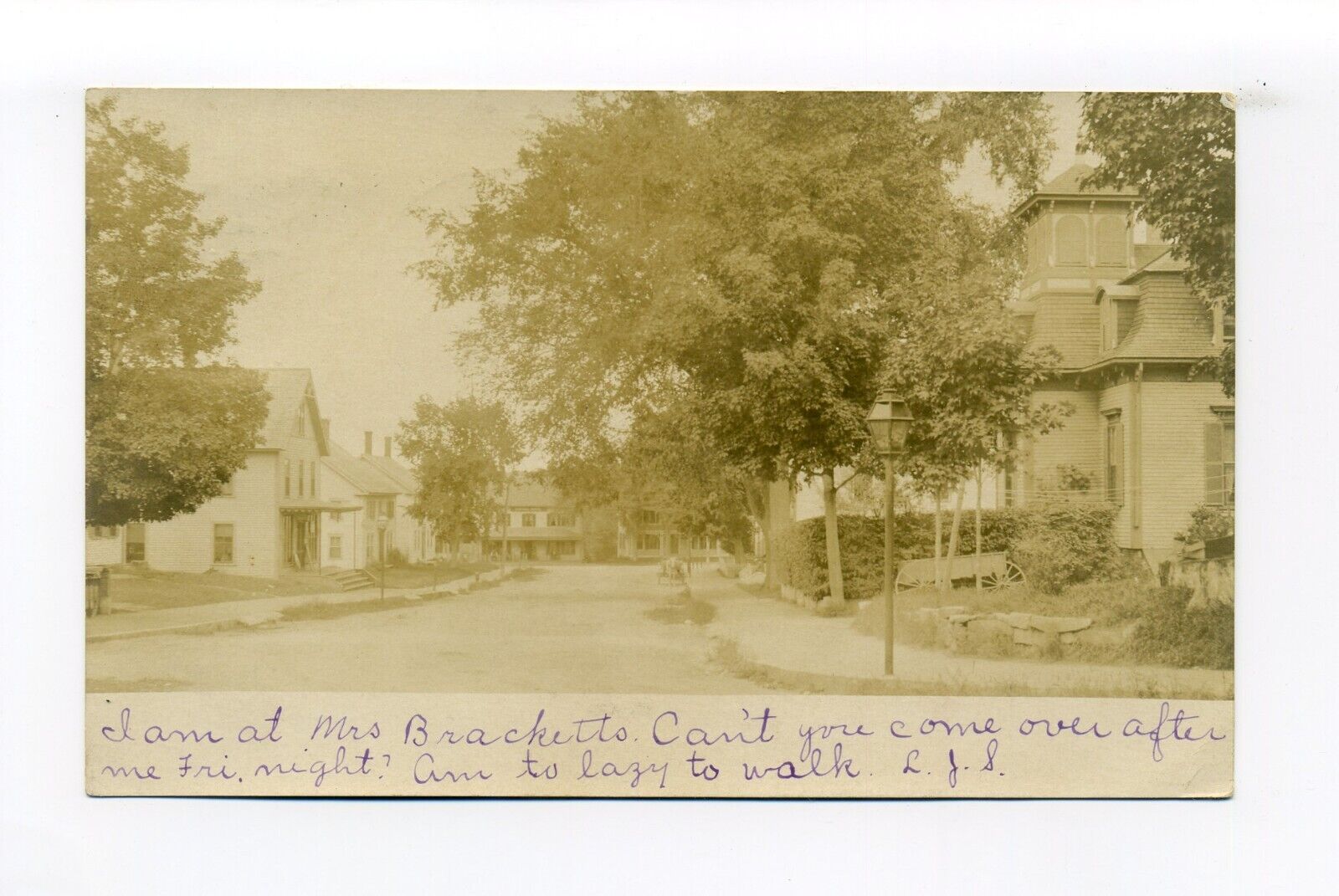 Milton Mills NH 1906 RPPC photo postcard, Main Street, gaslight, homes, wagon