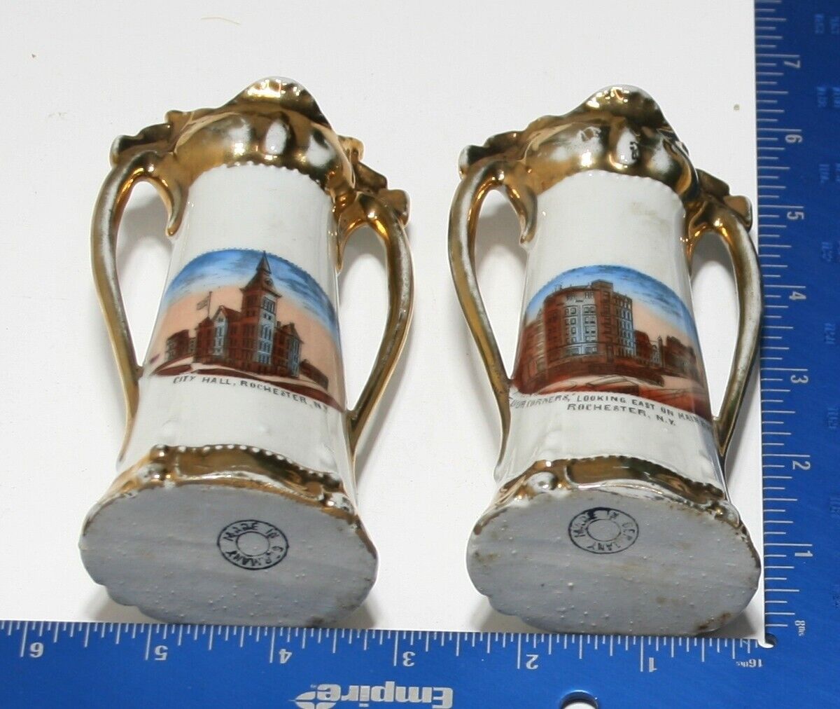 PAIR Antique Rochester NY City Hall Main Street Souvenir Vases Ceramic Germany