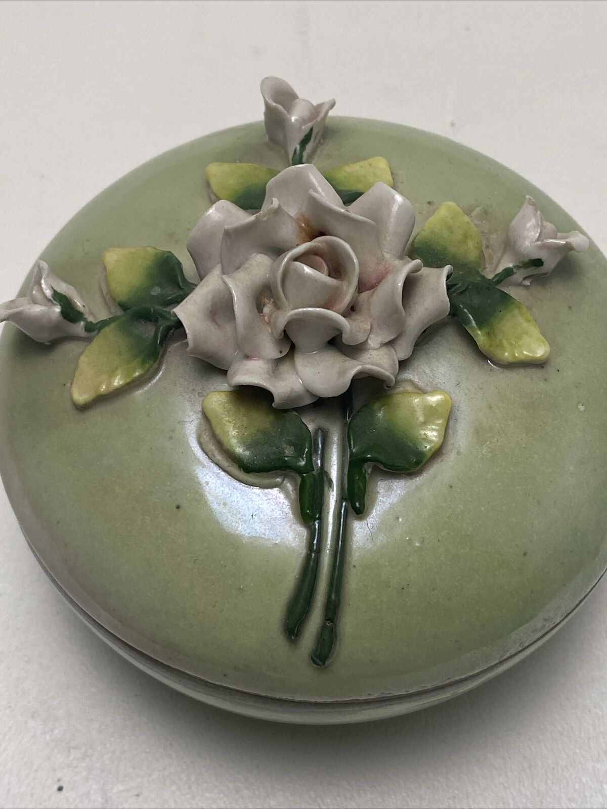 Antique Vintage Trinket Box Rose Lid Bowl Made Germany Flowers Iridescent Finish