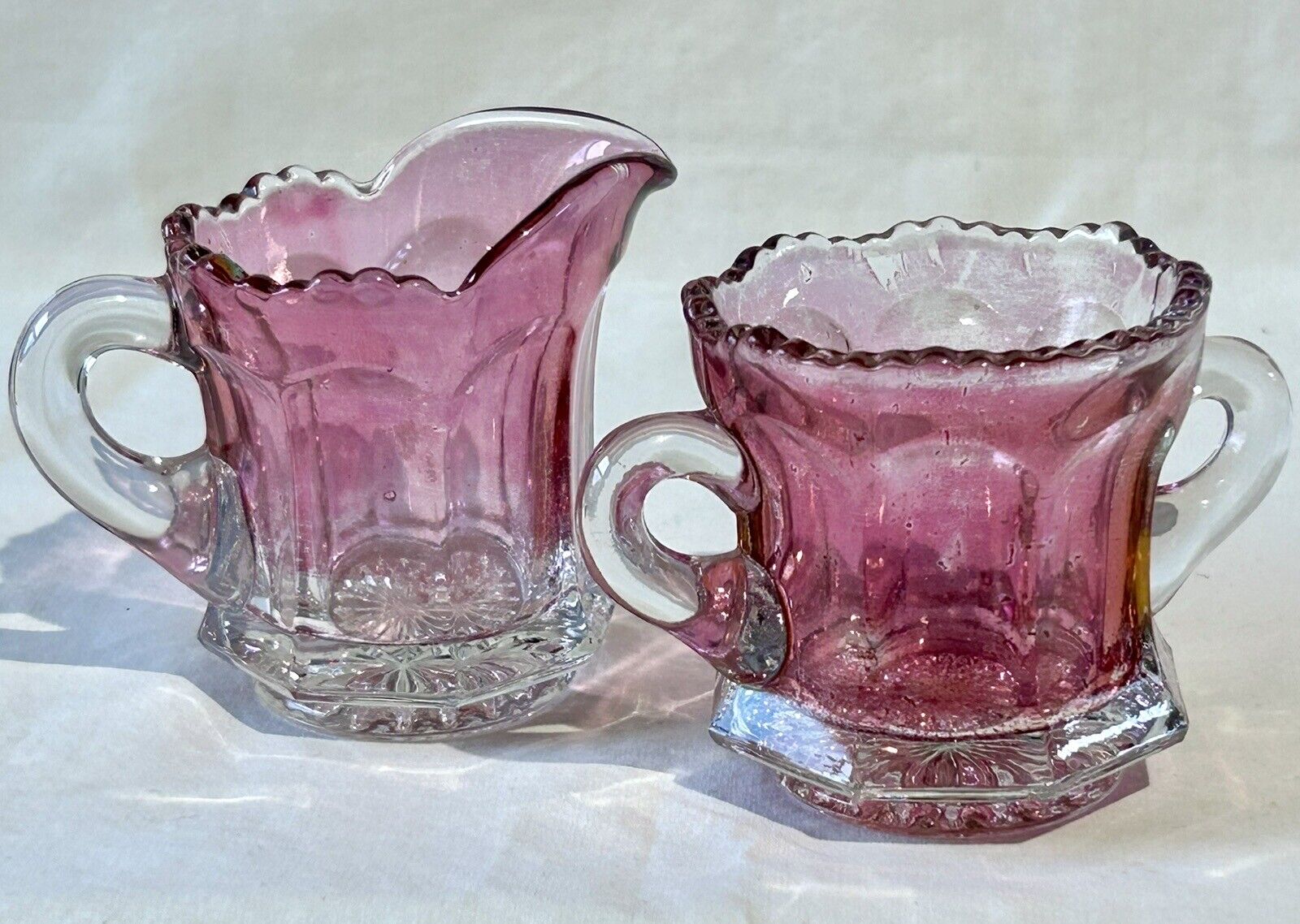 EAPG Cranberry Flashed Sugar Creamer Childs Handles Paneled Colonial w Sawtooth