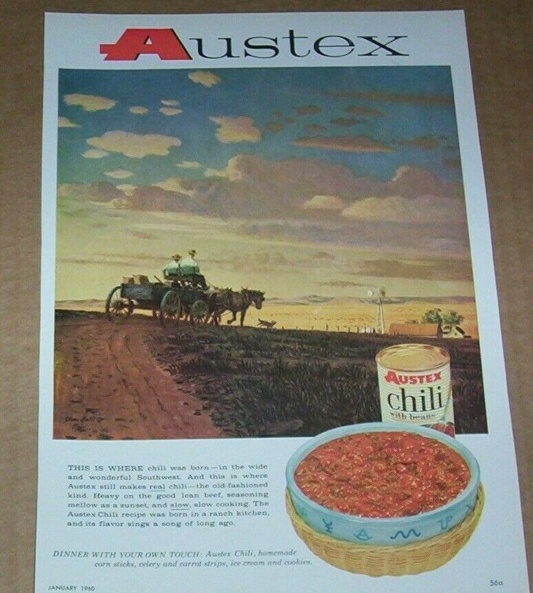 1960 print ad page - Austex Chili- Stan Galli western cowboy artwork Advertising