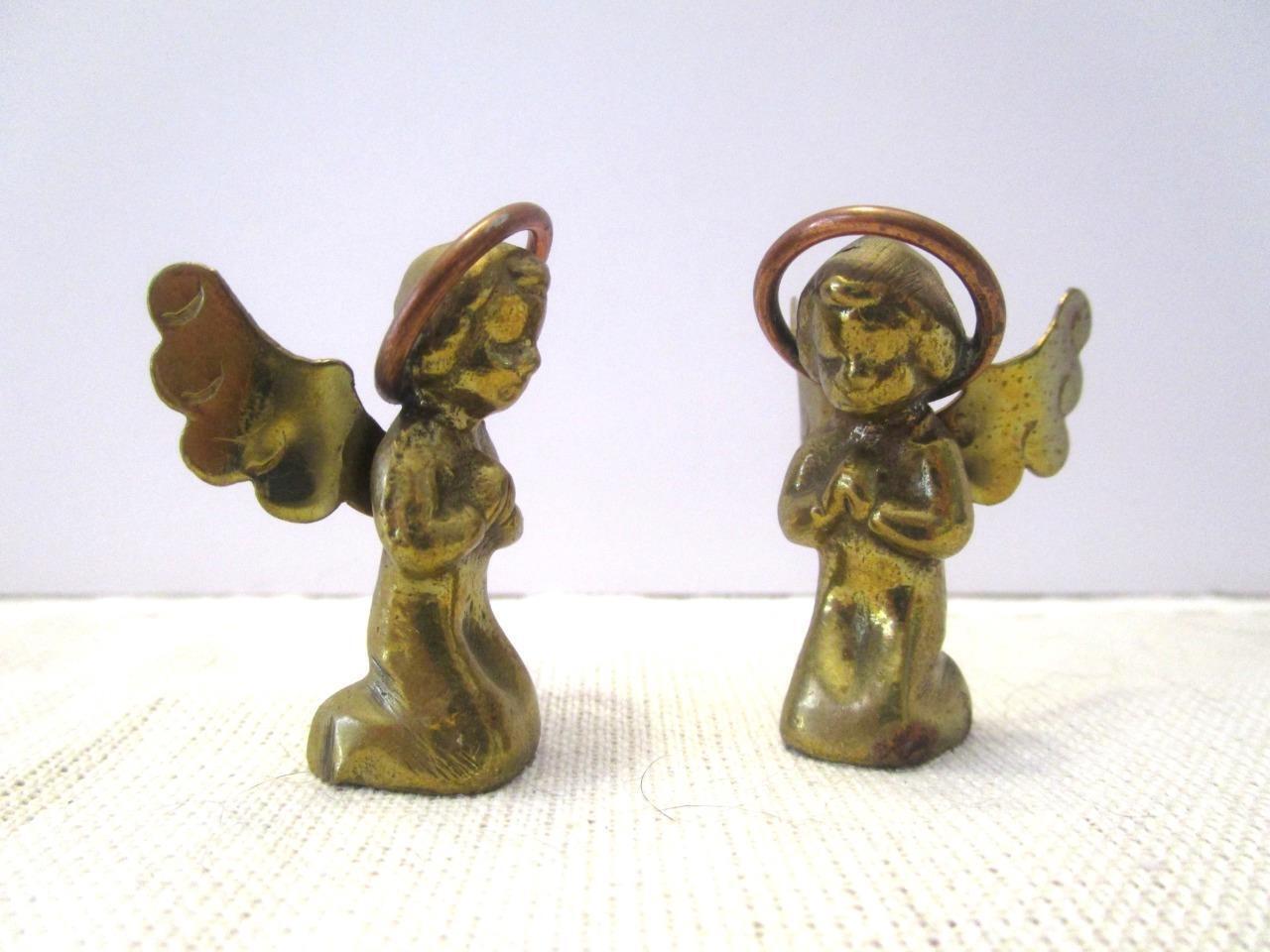 Vintage Miniature Pair (2) Solid Brass Kneeling Angels Copper Halos Mexico