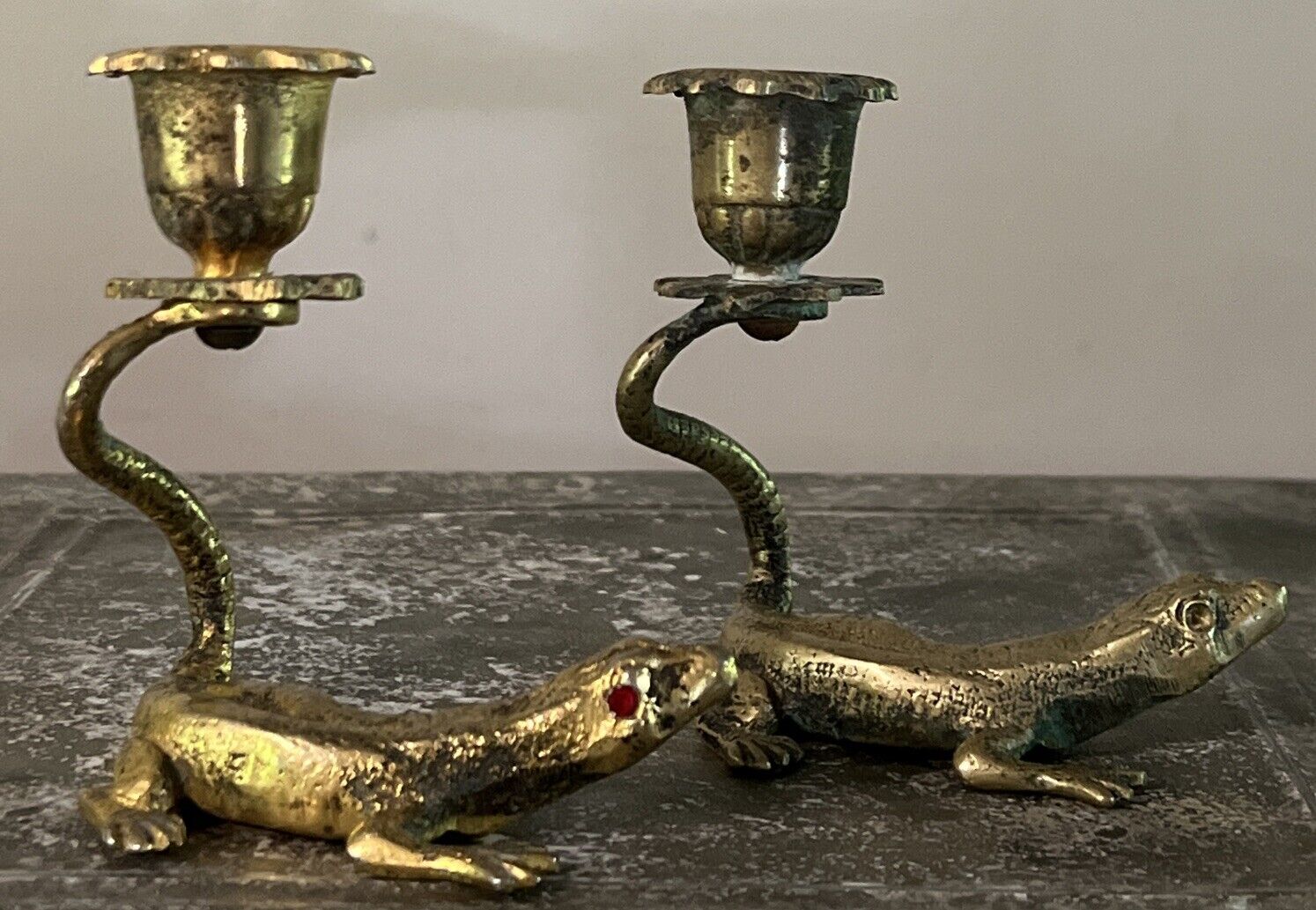 Vintage Pair Of Solid Brass Lizard Candle Sticks Candle Holders ( Very Rare)