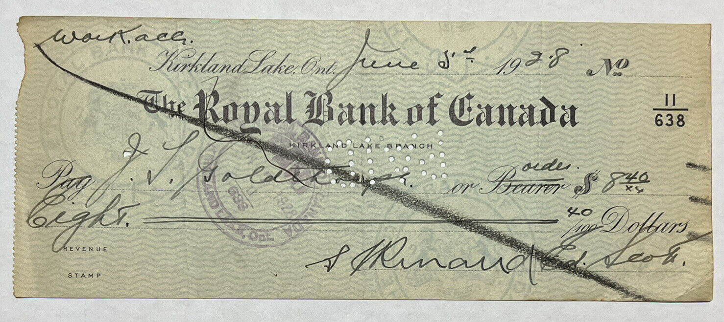 RARE 1928 ROYAL BANK OF CANADA CHECK KIRKLAND LAKE ONTARIO BRANCH