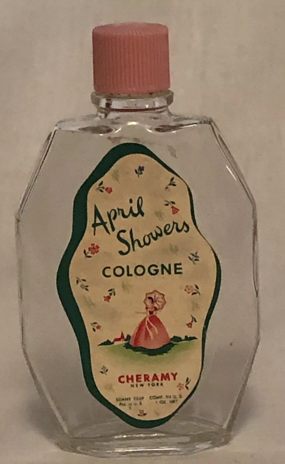 Vintage April Showers Cheramy Cologne Bottle Southern Belle Label Pink Lid 