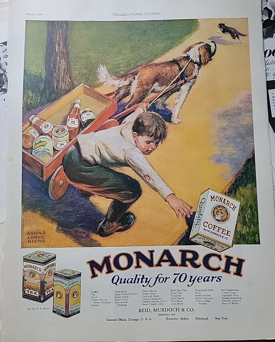 1926 Monarch Foods Coffee Boy Dog Wagon Arnold Hicks Art Vintage ad