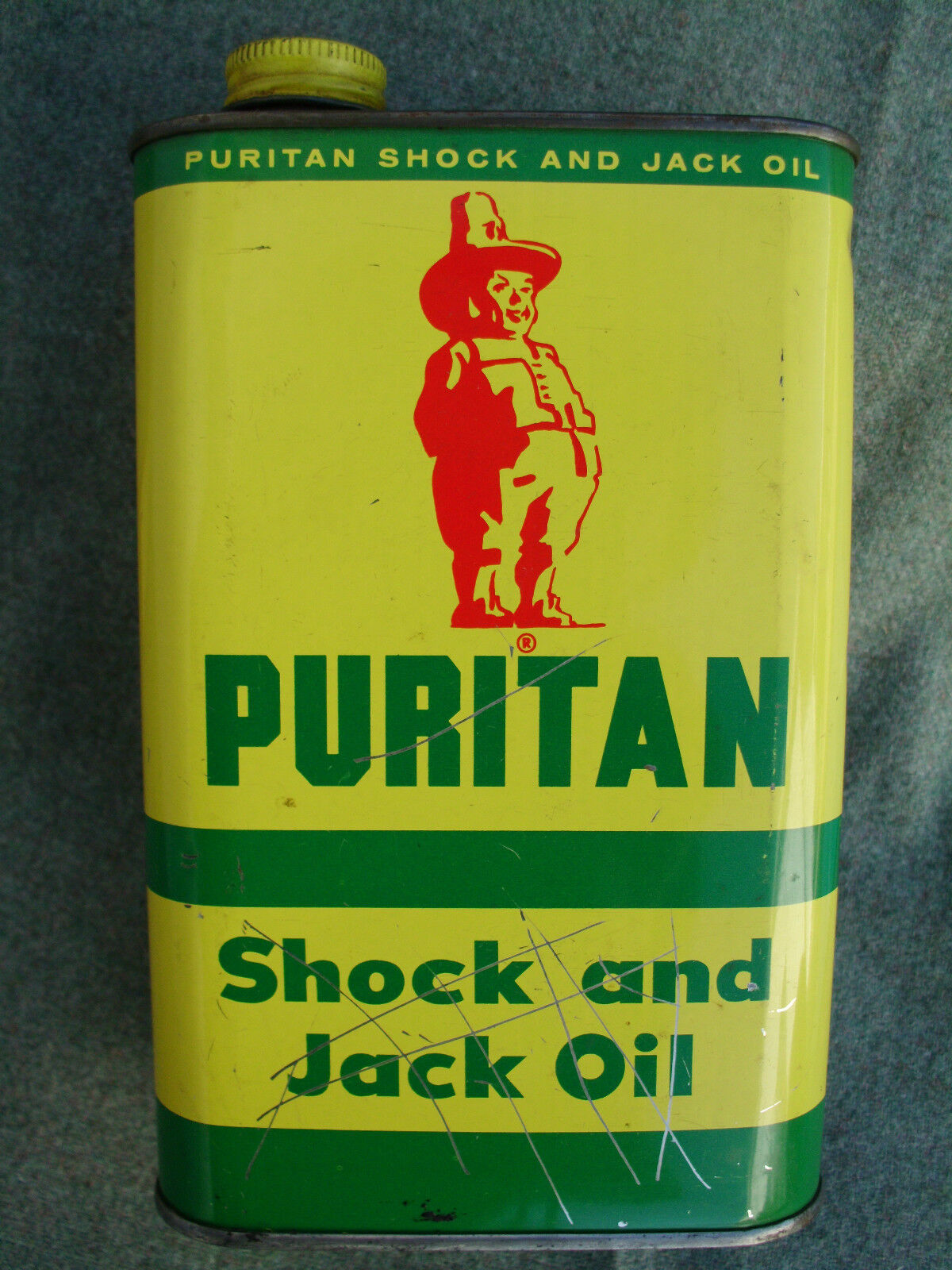 OLD VINTAGE 1950s PURITAN SHOCK and JACK OIL TIN 1 QUART CAN OLIN MATHIESON